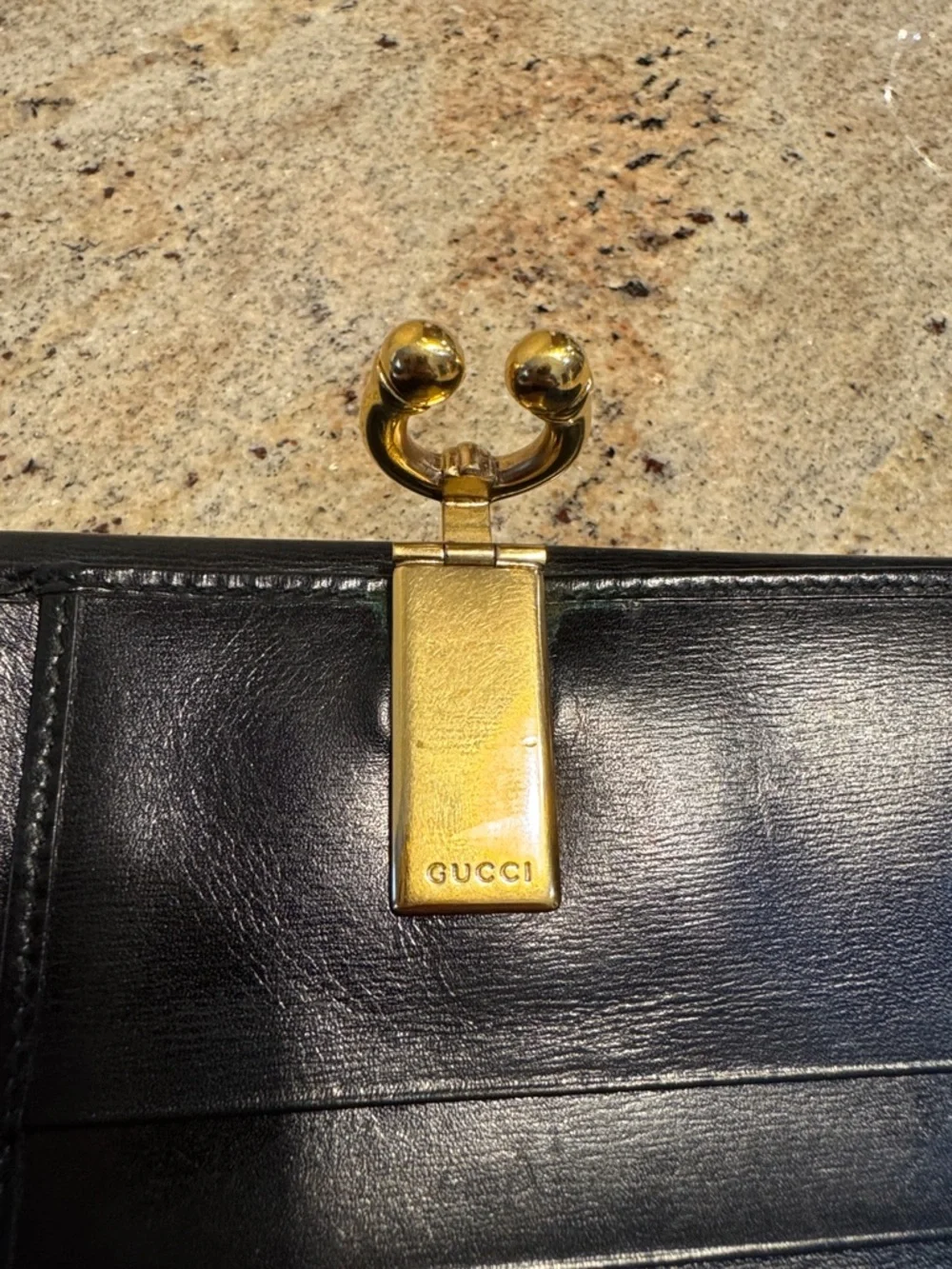 GUCCI Black Leather Compact Wallet with Gold Horseshoe Clasp - Picture 7 of 13